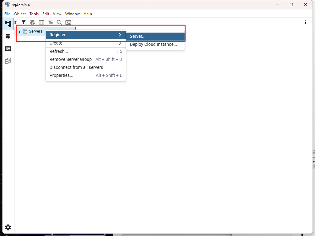 pgAdmin注册服务器操作入口
