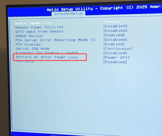 将 Restore AC after Power Loss 改为 Power On,按 F10 保存退出 将 Restore AC after Power Loss 改为 Power On,按 F10 保存退出